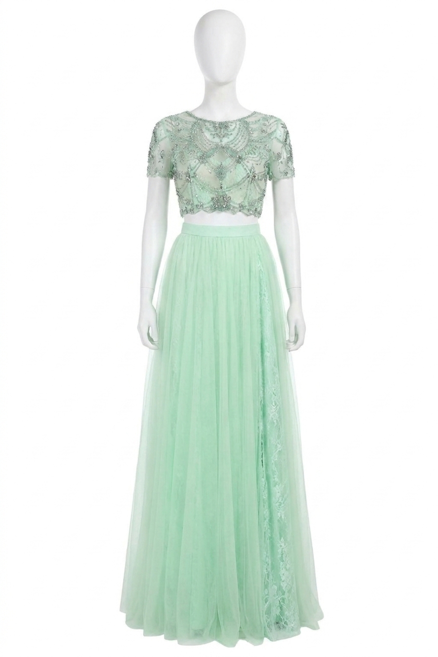 NEW SHERRI HILL beaded tulle lace prom dress in light green